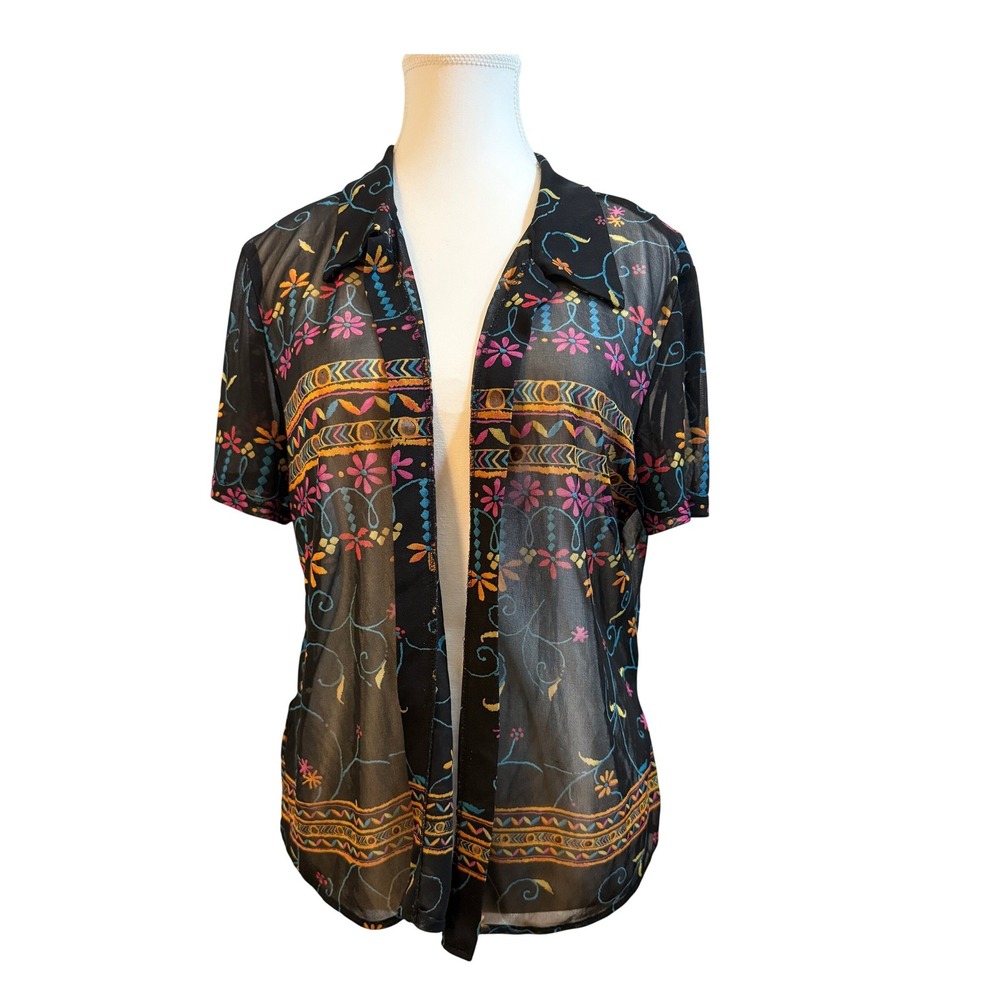 Allison-Che Vintage Button Up Blouse Women Size 12 Black Multi Color‎ Sheer